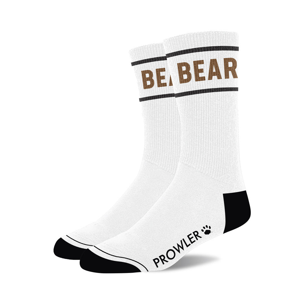 Prowler RED Bear socks in classic white with bold black bear graphic on band