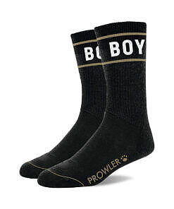 Prowler RED Boy Socks in classic all-black with ribbed cuff and 'Boy' band label displayed against a clean background.
