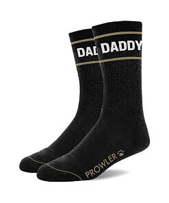 Prowler RED Daddy Socks folded on a dark wooden surface