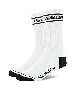 Prowler RED I Swallow Socks - black socks with white 'I Swallow' text bands