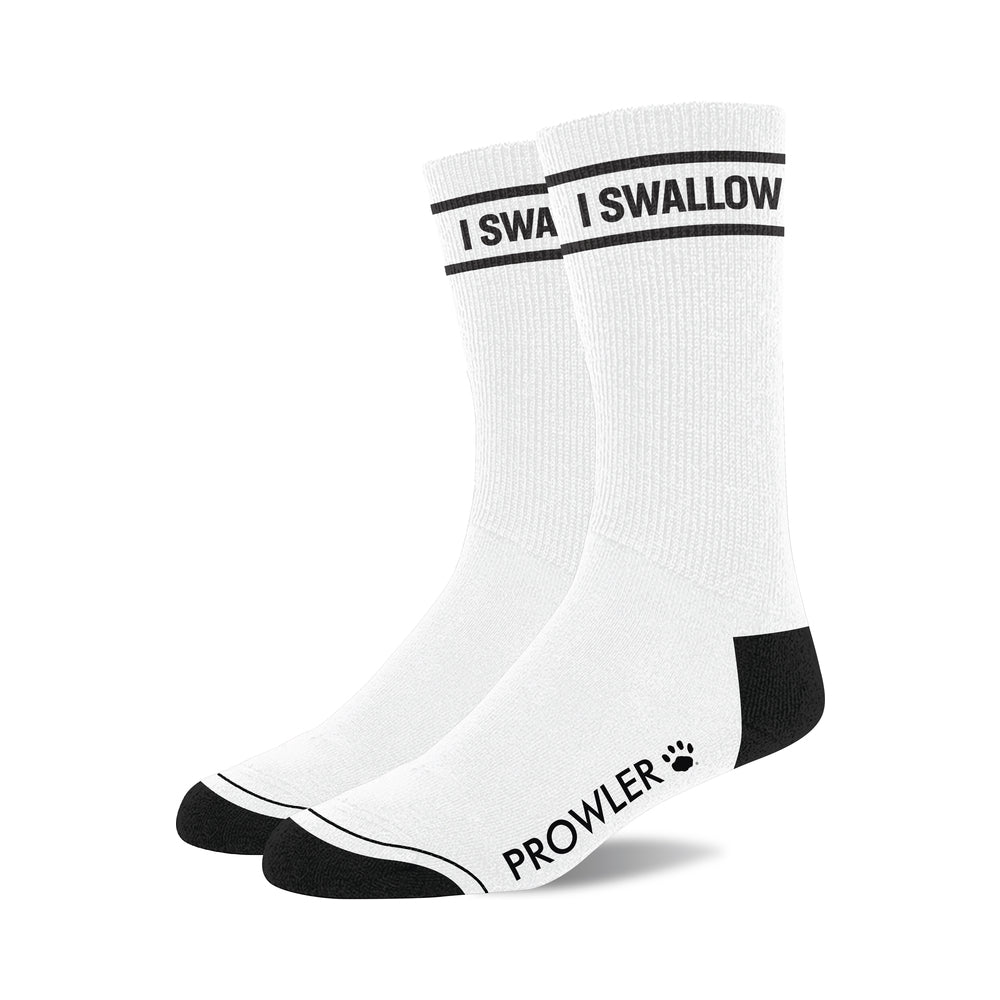 Prowler RED I Swallow Socks - black socks with white 'I Swallow' text bands
