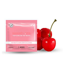 Sweetums Cherry Intimate Wipe single packet with a vibrant cherry graphic.