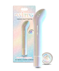 Pink WINX Sweet Giggles G-Spot Vibrator with crystal gemstone tip on a white satin sheet.