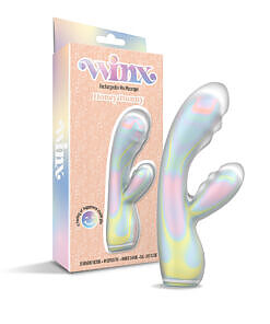 Pastel rainbow swirl WINX Honey Bunny Squishy Silicone Vibrator on a bathroom shelf