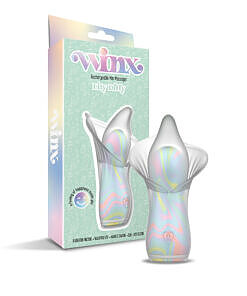 WINX Lily Dilly Squishy Silicone Vibrator in pink with flower petals and charging cable on a soft surface