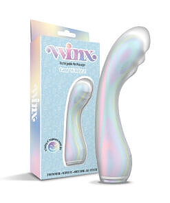 WINX Gee Whiz Squishy Silicone Vibrator in soft pink with curved tip and control button on a clean white surface.