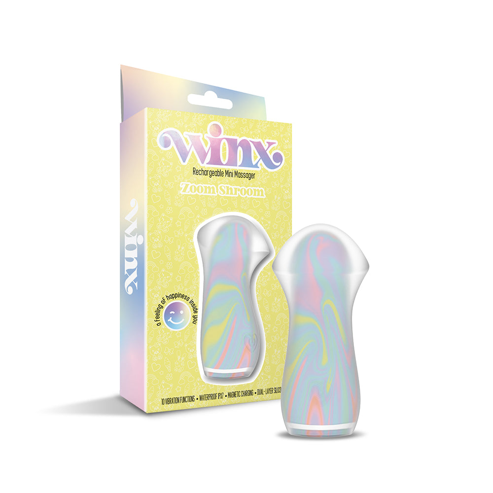 WINX Zoom Shroom squishy silicone vibrator - pink and white mushroom design with charging cable on soft surface.