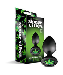 Stoner Vibes Small Butt Plug with cannabis leaf charm on white background
