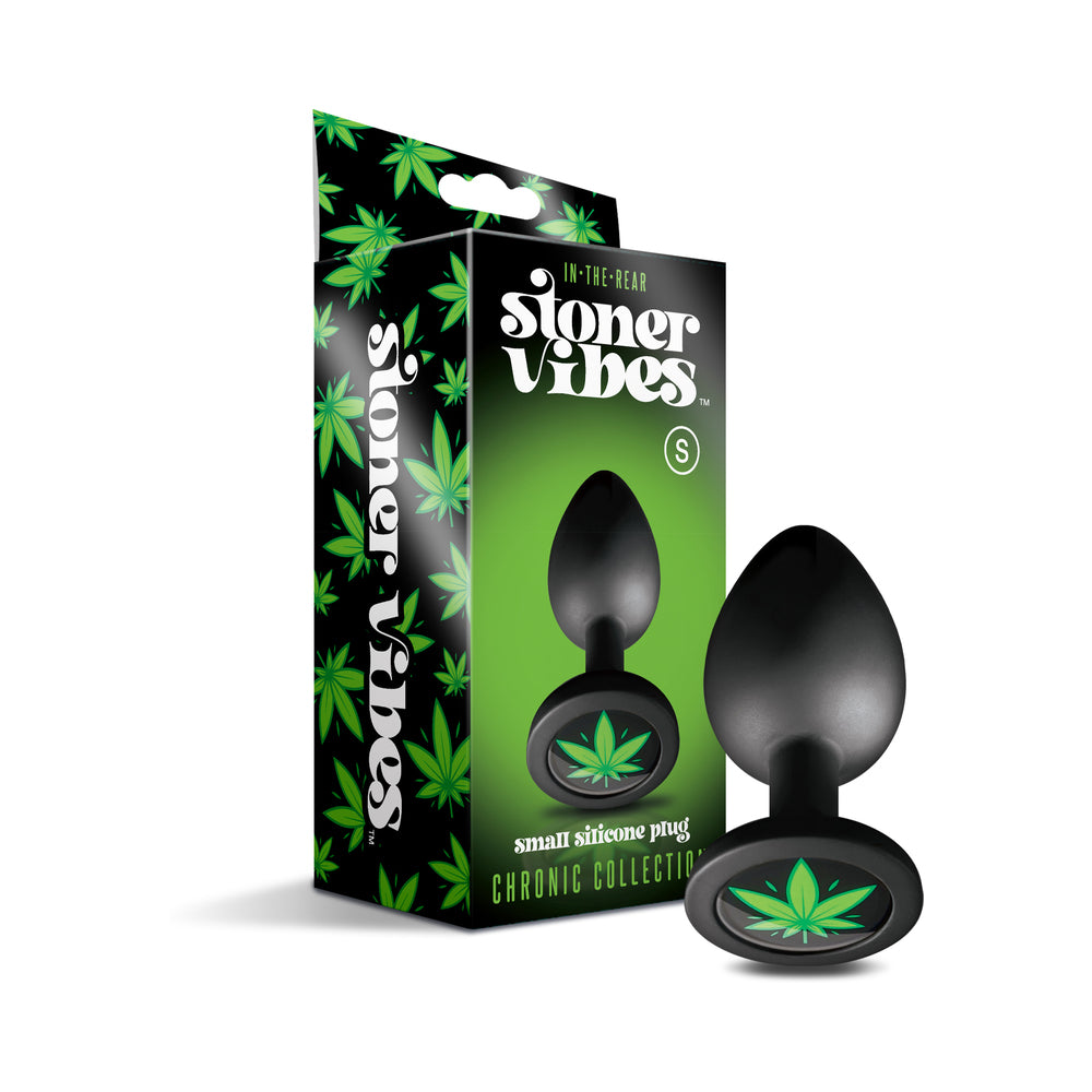 Stoner Vibes Small Butt Plug with cannabis leaf charm on white background