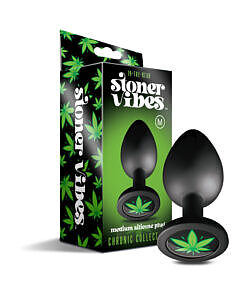 Stoner Vibes Chronic Collection Butt Plug Medium in smooth black silicone with cannabis leaf charm on white background.