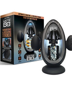 MSTR B8 Blast Off Automatic Thrusting and Vibrating Stroker with realistic sleeve and control buttons on a dark background.