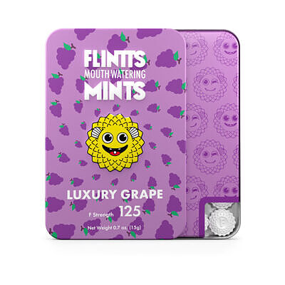Flintts Mints Luxury Grape F Strength 125 quick-dissolving dry mouth relief mints tin