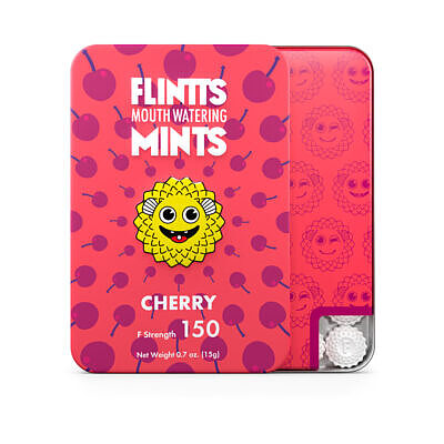 Flintts Mints Cherry F Strength 150 quick-dissolving dry mouth mints tin by Flintts Mints