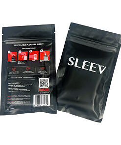 Sleev Individual Pouch disposable masturbator sleeve lying next to its opened pouch packaging on a dark surface