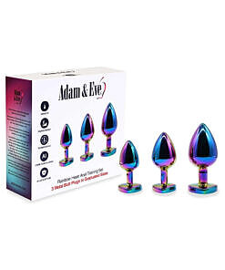Adam & Eve Rainbow Heart Anal Plug Training Set - 3 graduated chrome-plated aluminum plugs with rainbow jewel bases