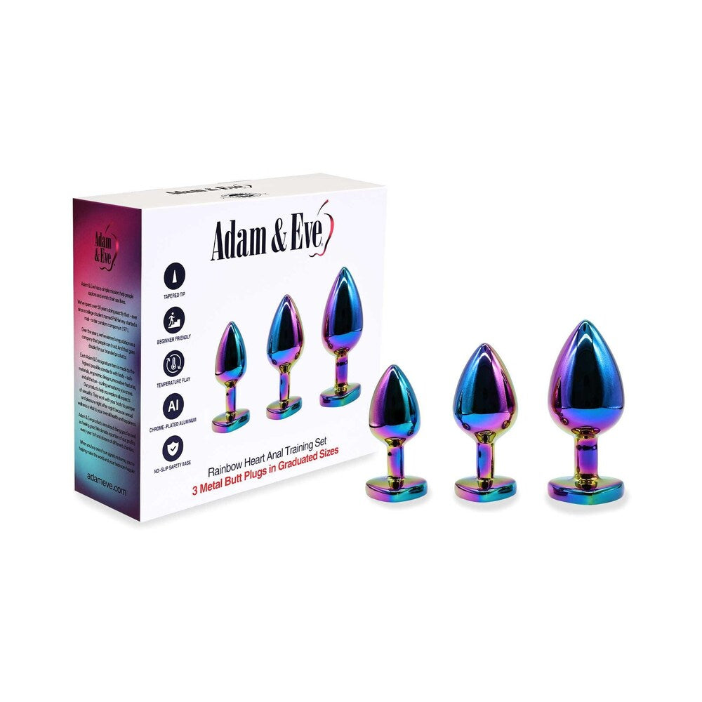 Adam & Eve Rainbow Heart Anal Plug Training Set - 3 graduated chrome-plated aluminum plugs with rainbow jewel bases