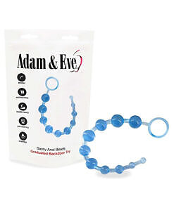 Clear flexible Sassy anal beads string with graduated sizes from 0.25 to 1 inch on a white desk near a storage bag.