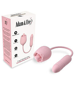 Adam & Eve Thrust & Tickle Rose dual stimulator vibrator with pink rose tongue and curved shaft on satin sheet.