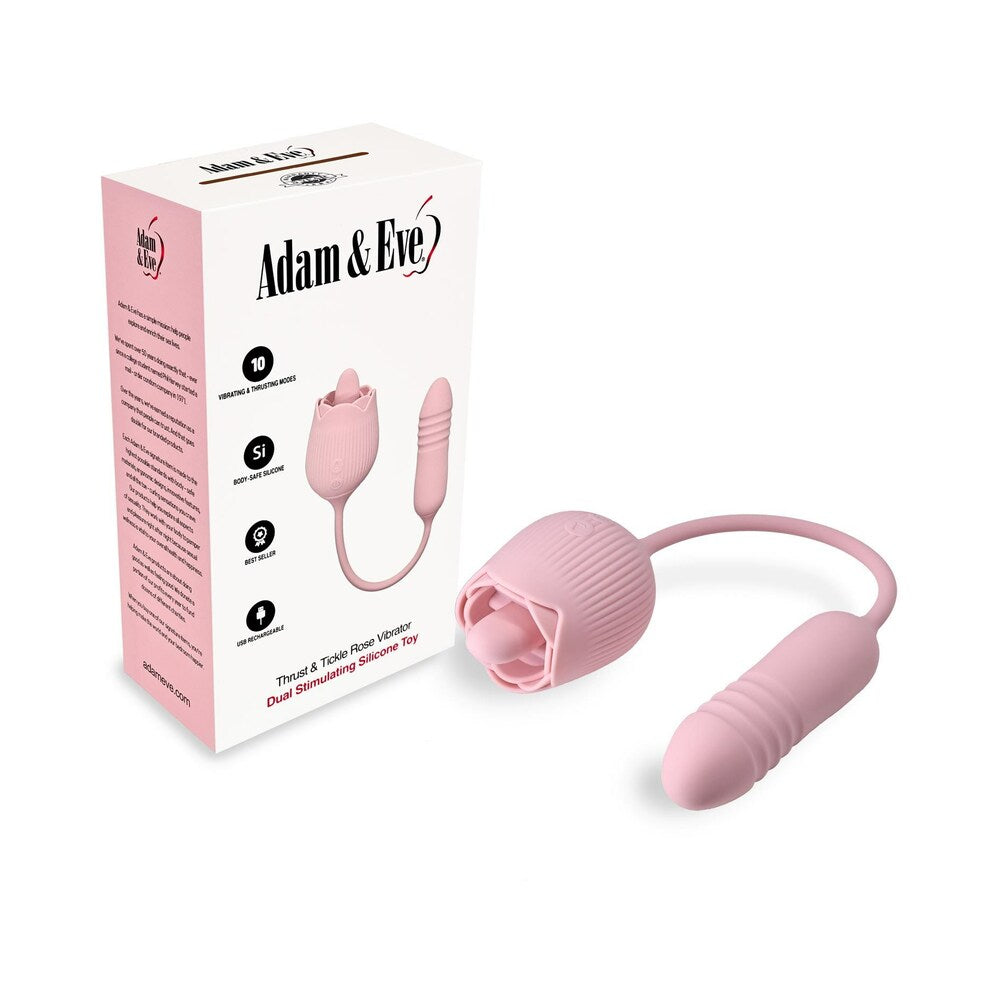 Adam & Eve Thrust & Tickle Rose dual stimulator vibrator with pink rose tongue and curved shaft on satin sheet.