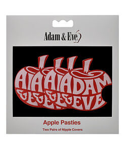 Close-up of Adam & Eve Apple Pasties with glossy satin retro logo on a flat surface