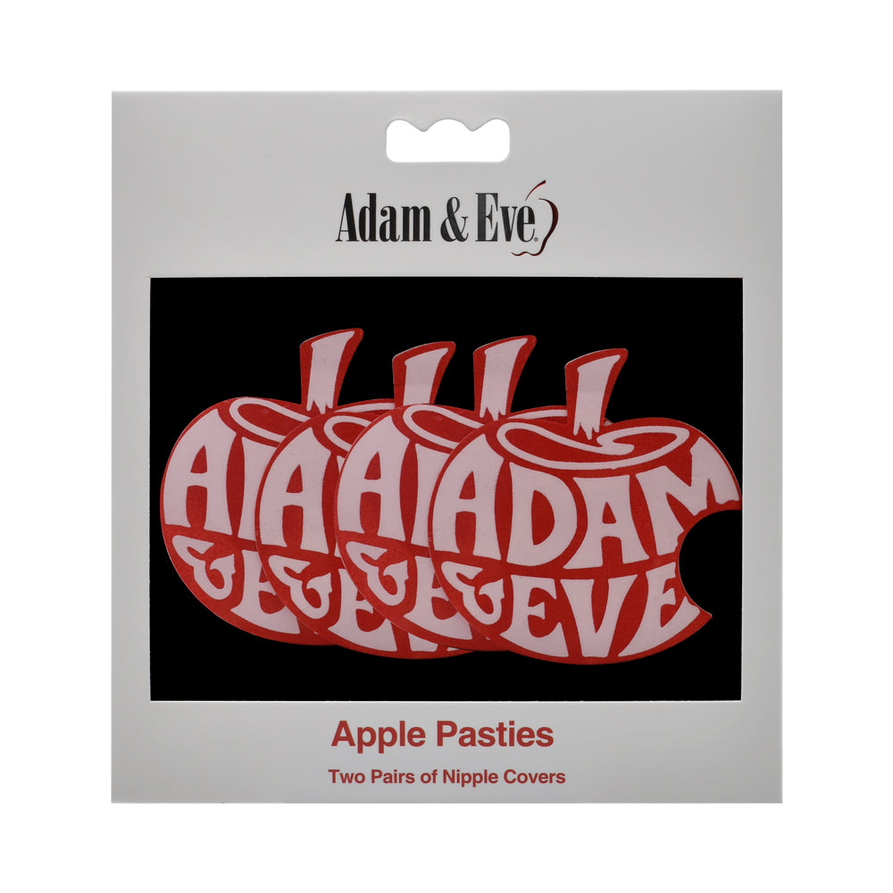 Close-up of Adam & Eve Apple Pasties with glossy satin retro logo on a flat surface