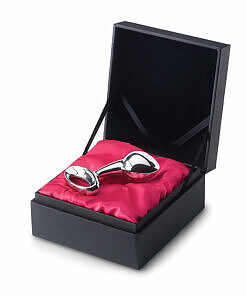 njoy Pure Plug Medium with mirror-polished stainless steel finish resting on a dark textured surface