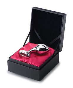 njoy Pure Plug Large stainless steel anal plug with mirror-polished finish and curved taper on a soft background.