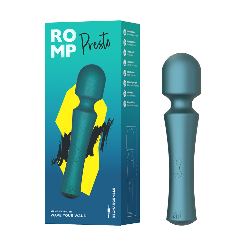 ROMP Presto?ö¼?íWand Vibrator with smooth silicone head on a soft backdrop