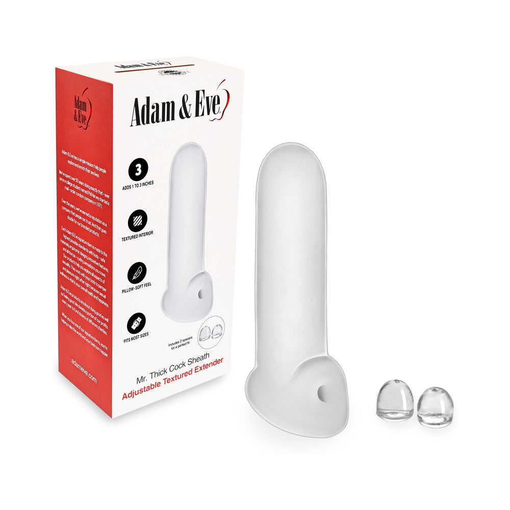 Adam & Eve Mr. Thick Cock Sheath clear sleeve with adjustable strap on white background