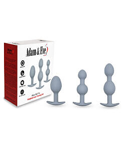 Adam & Eve Vibra-Ball Trio set of three beaded weighted vibrating butt plugs on white background