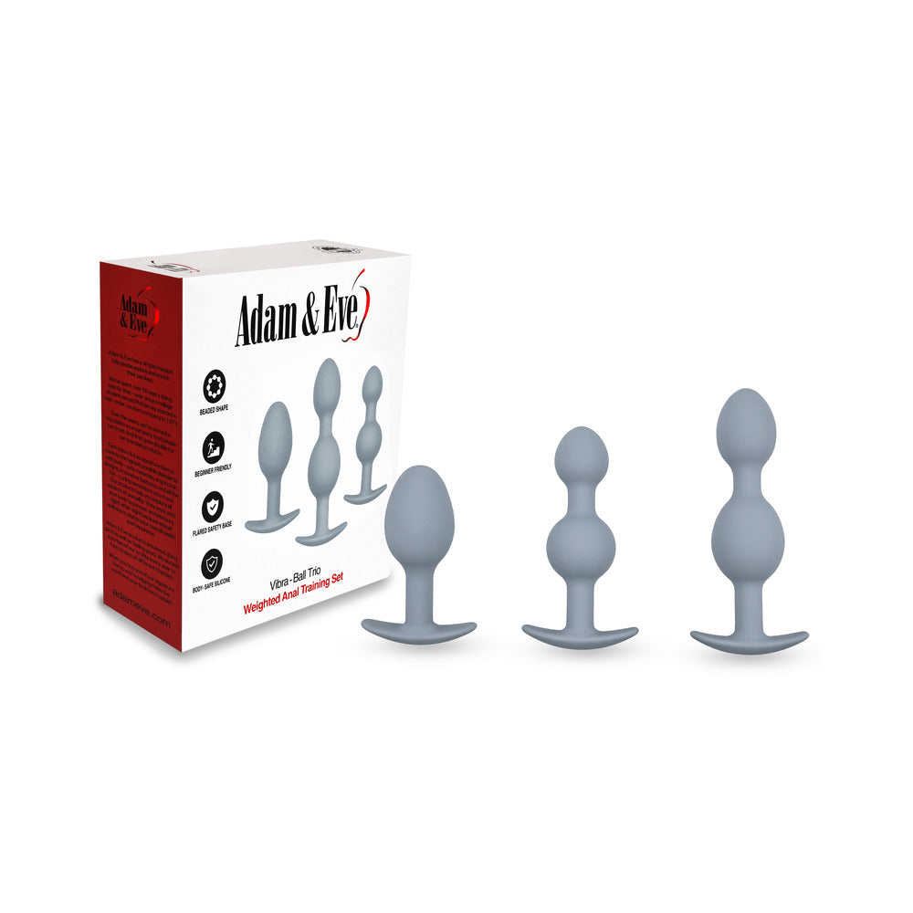 Adam & Eve Vibra-Ball Trio set of three beaded weighted vibrating butt plugs on white background