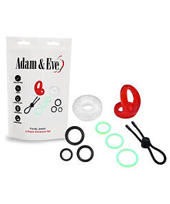 Adam & Eve Family Jewels cock ring set in clear bag packaging on a plain background