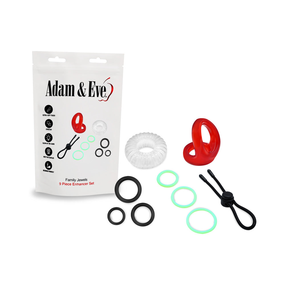 Adam & Eve Family Jewels cock ring set in clear bag packaging on a plain background