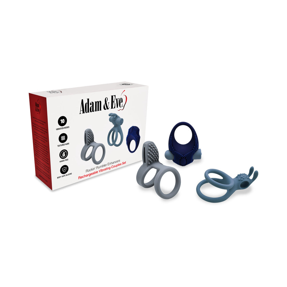 Adam & Eve Rockin'' Rumbler Enhancers: three vibrating silicone rings with nubby