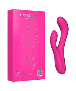 Lovense Osci 3 heating rabbit vibrator in rose gold silicone on a soft grey background