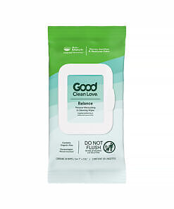 Good Clean Love Balance Personal Moisturizing & Cleansing Wipes box showing 30 soft white wipes with green and blue packaging design.