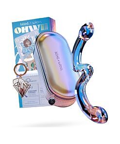 Biird x Wicul OhWii double-ended glass dildo shown with curved and tapered ends against a soft background.