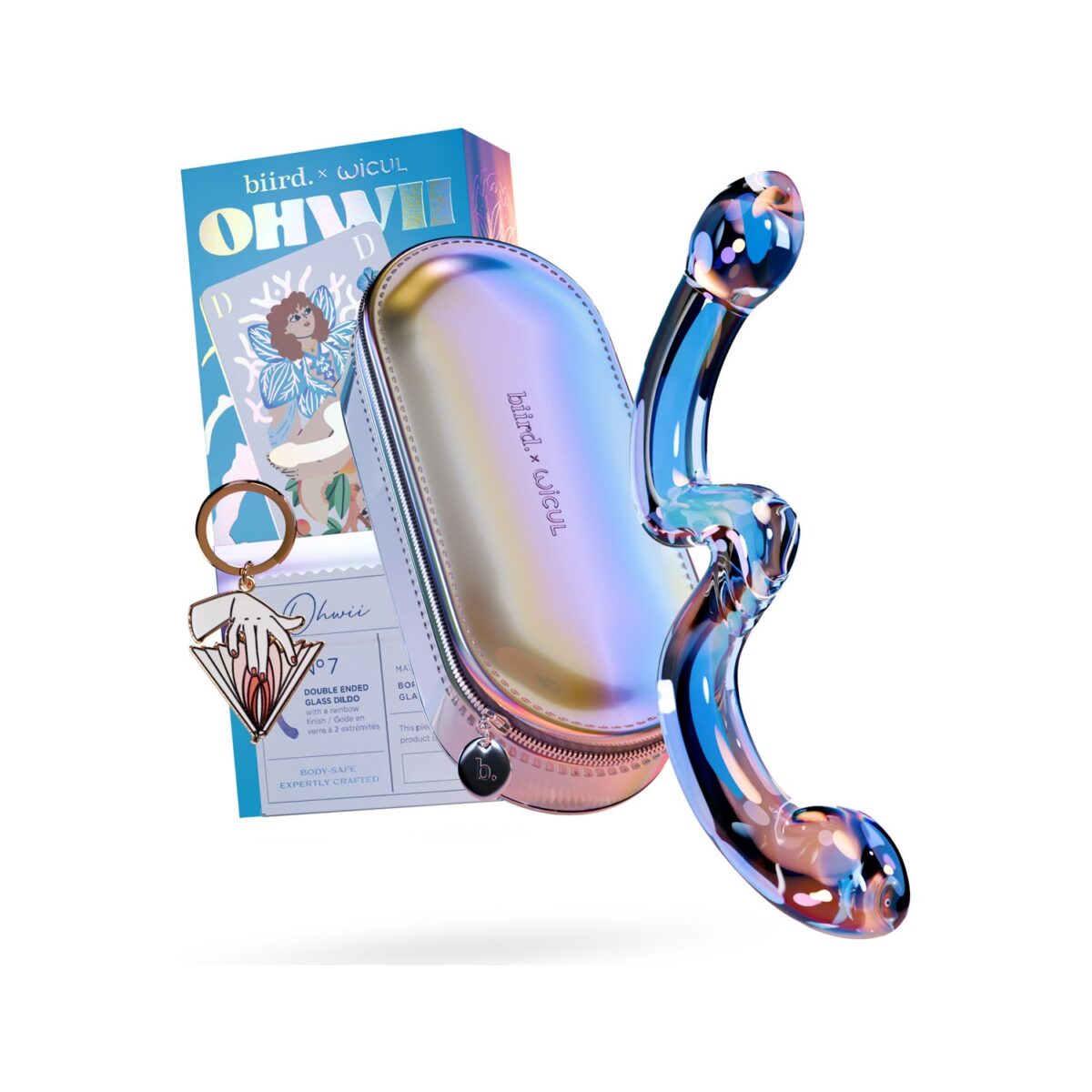 Biird x Wicul OhWii double-ended glass dildo shown with curved and tapered ends against a soft background.