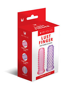 Me You Us Lust Finger Textured Sleeves - two silicone sleeves with ribbed and dotted textures on a white background.