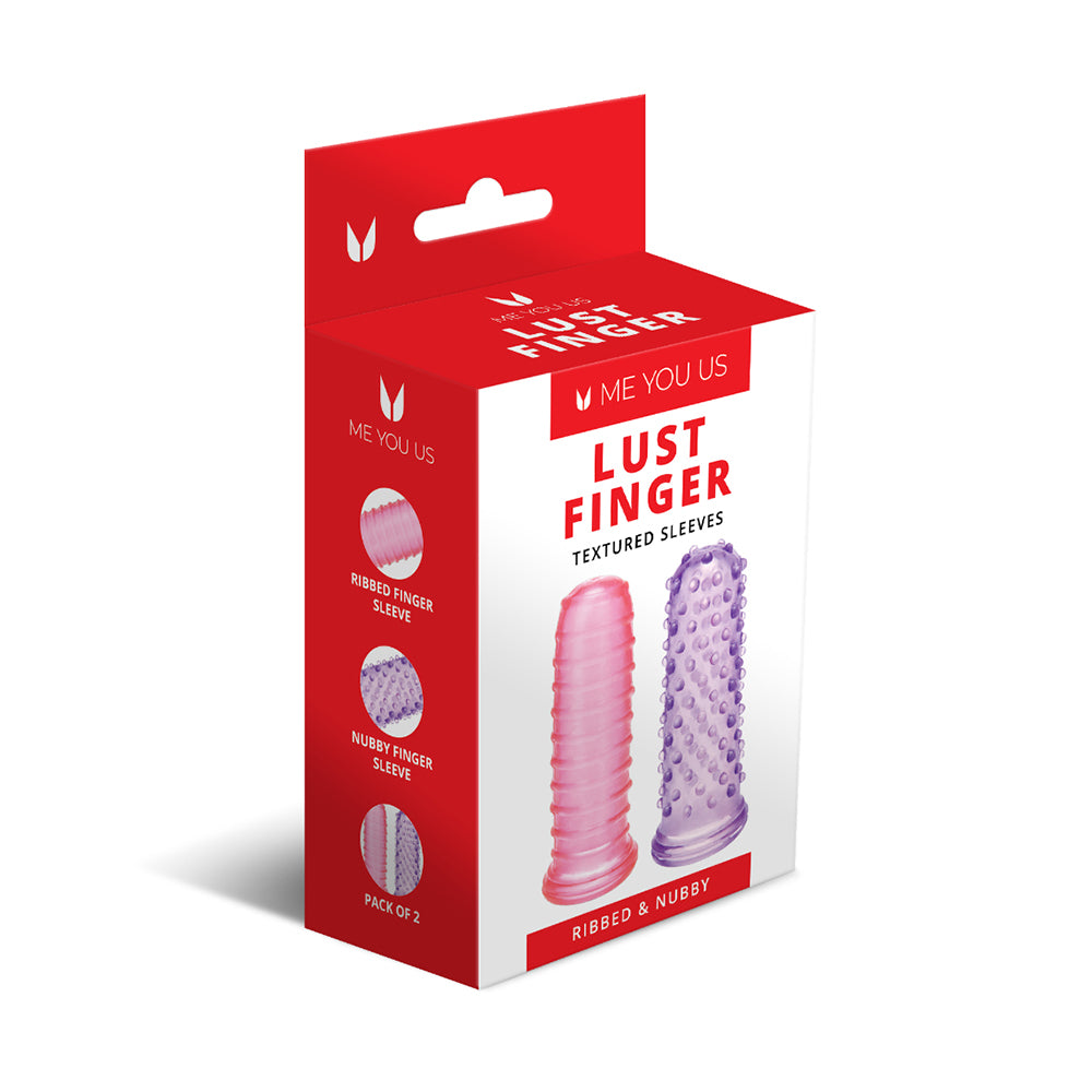 Me You Us Lust Finger Textured Sleeves - two silicone sleeves with ribbed and dotted textures on a white background.