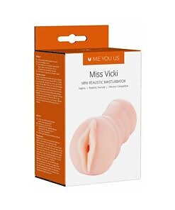Me You Us Miss Vicki Mini Realistic Masturbator Vanilla shown in open clear sleeve with detailed ribbed interior texture.