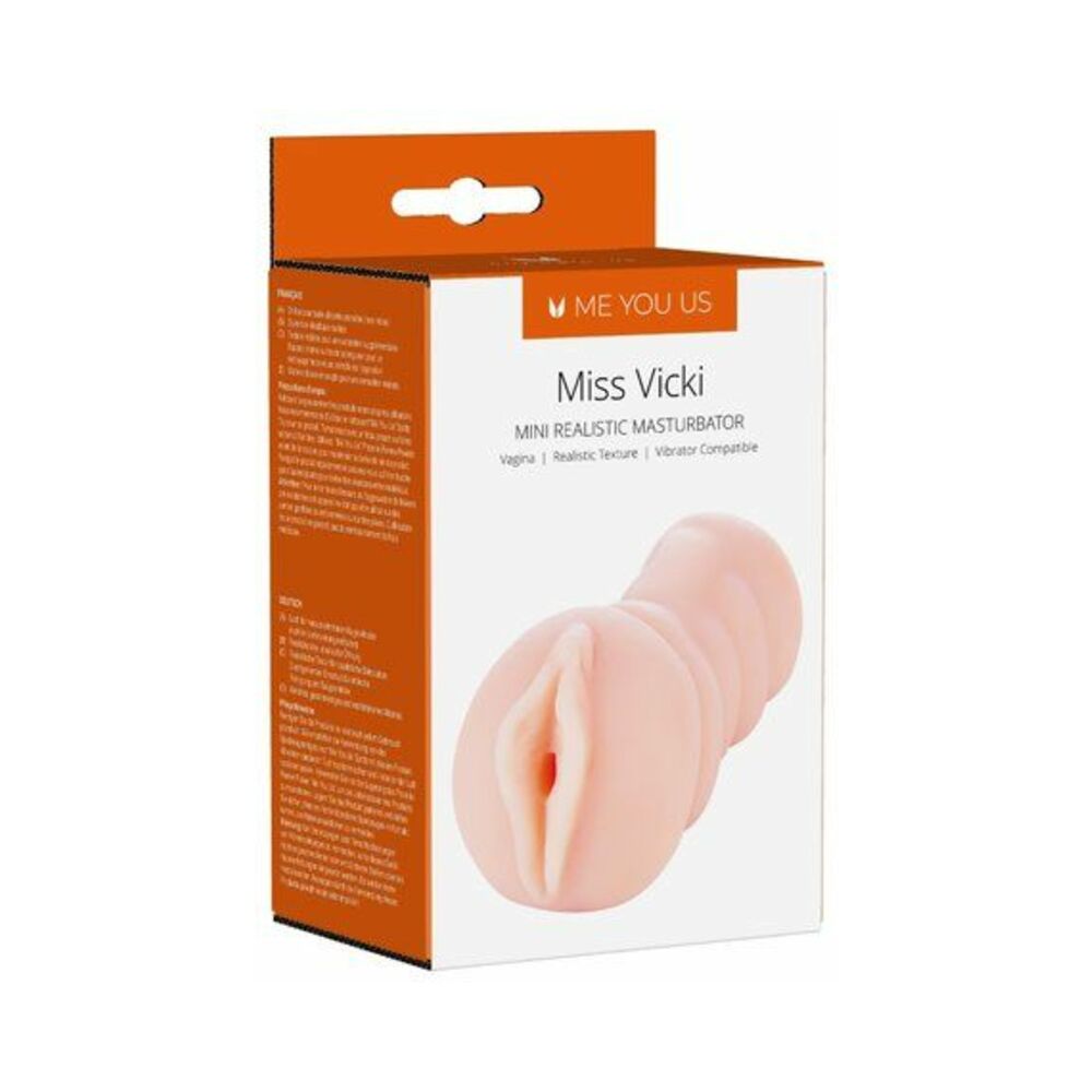 Me You Us Miss Vicki Mini Realistic Masturbator Vanilla shown in open clear sleeve with detailed ribbed interior texture.