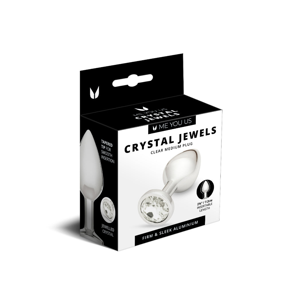 Me You Us Crystal Jewels Metal Plug Clear Medium with crystal gem on satin background