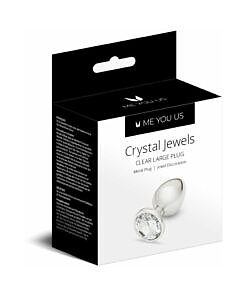 Clear large metal butt plug with sparkling crystal jewel on a smooth aluminum body