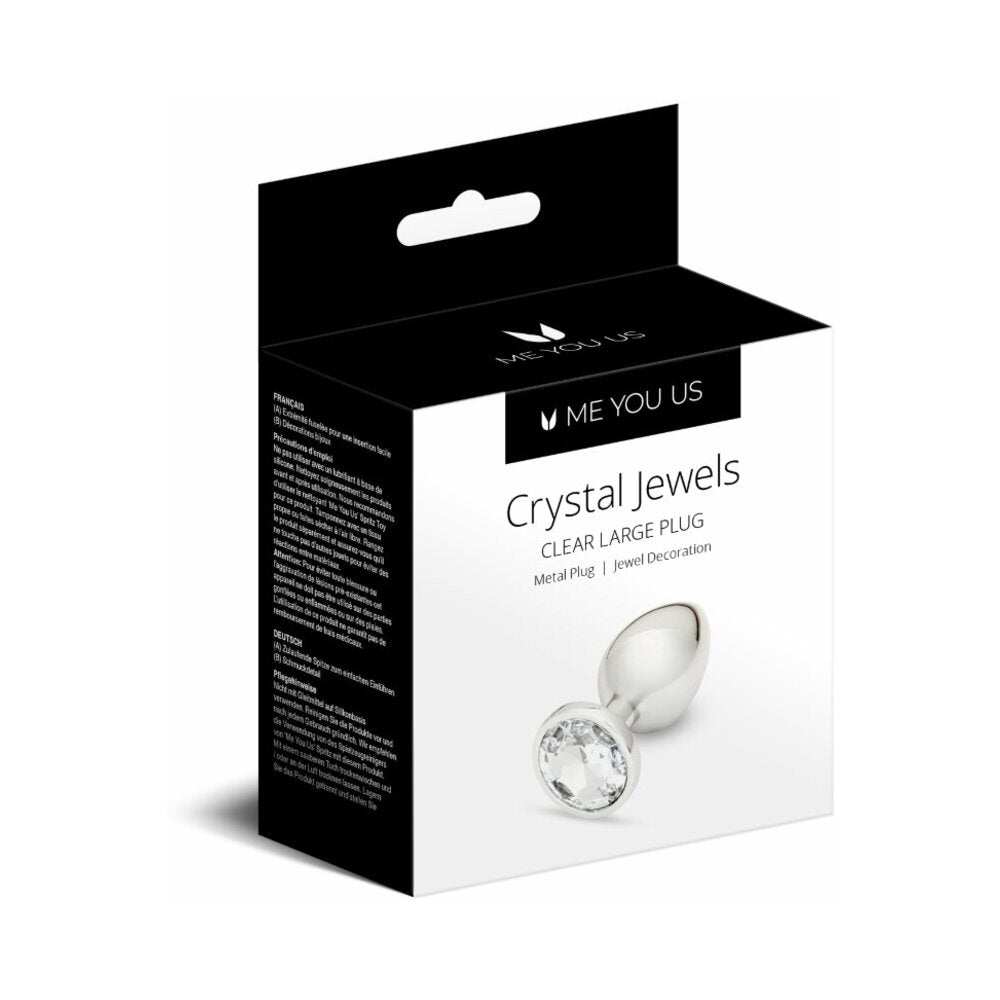 Clear large metal butt plug with sparkling crystal jewel on a smooth aluminum body