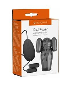 Me You Us Dual Power Vibrating Masturbation Sleeve on white background with textured inner sleeve visible.