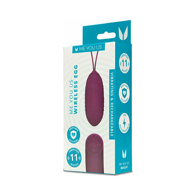 Me You Us Wireless Egg Purple vibrator with remote on a satin sheet