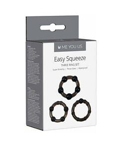 Three black silicone cock rings from the Me You Us Easy Squeeze Cockring Set