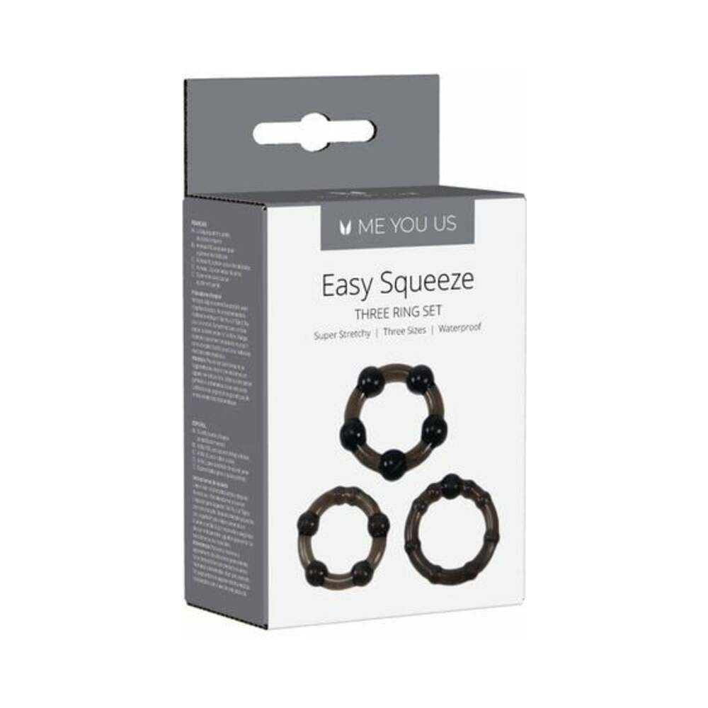 Three black silicone cock rings from the Me You Us Easy Squeeze Cockring Set
