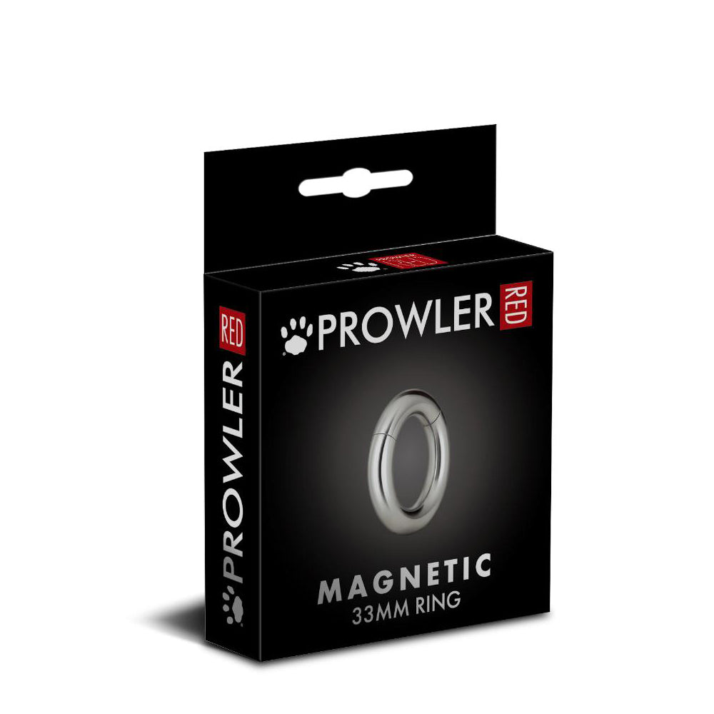 Close-up of black Prowler RED magnetic cock ring with magnetic clasp open